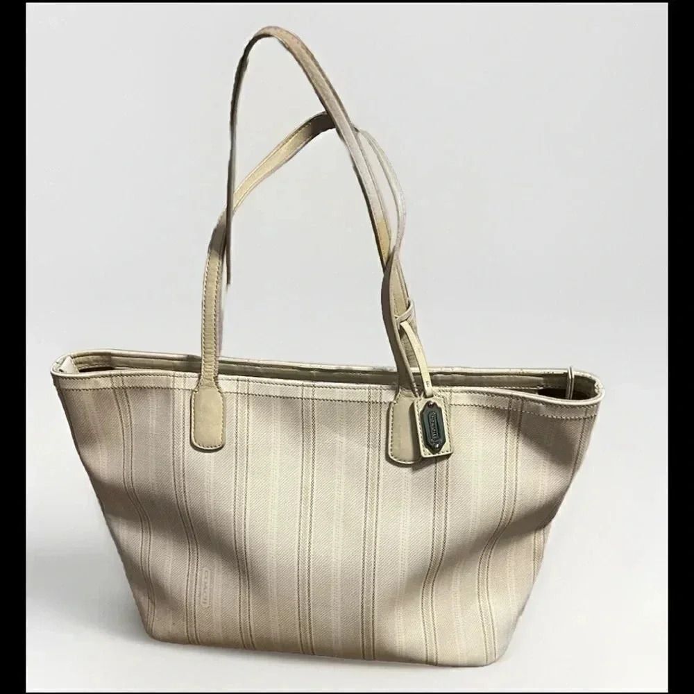 Coach Legacy Tote Bag 23108 Off-White Stripe Coated Canvas Leather
